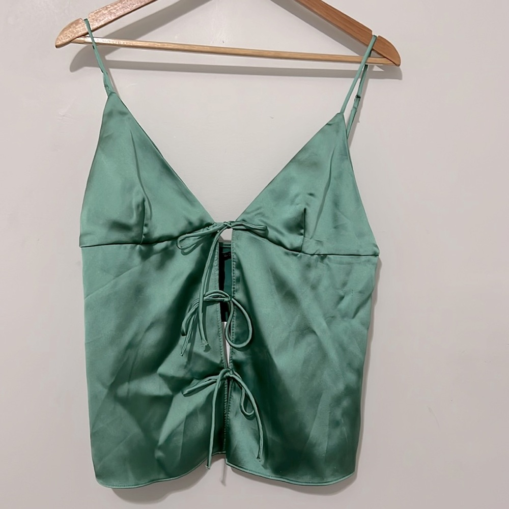 Zara Light Green Satin Tie-Front Cami Top